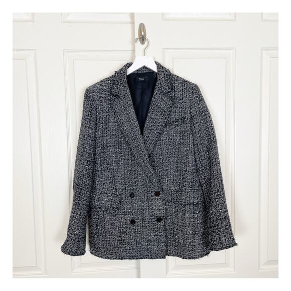 Theory Piazza Noelle Black Tweed Fringe Trim Blazer Jacket Sz 10 - Picture 2 of 14